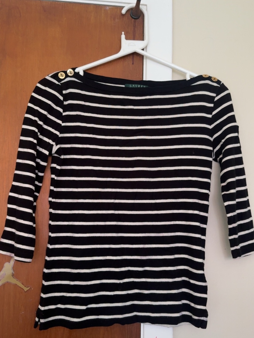 Lauren Ralph Lauren Black and White Striped Boatneck Top with Gold Buttons